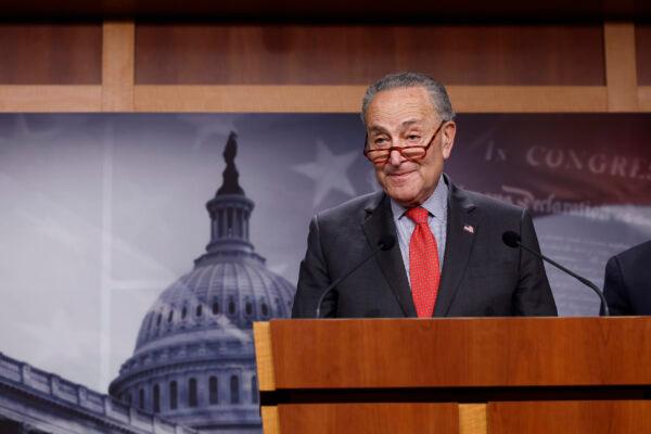 Senate Majority Leader Chuck Schumer (D-N.Y.) speaks at a press conference alongside Sen. Gary Peters (D-Mich.) about the Senate Democrats expanded majority for the next 118th Congress at the U.S. Capitol Building in Washington on Dec. 7, 2022. (Anna Moneymaker/Getty Images)
