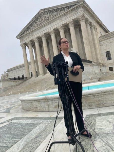 Southern Coalition for Social Justice attorney Allison Riggs called North Carolina’s arguments “an extreme position in an old argument” following three hours of oral arguments on Dec. 7 before the U.S. Supreme Court regarding Independent State Legislature theory. (John Haughey/The Epoch Times)