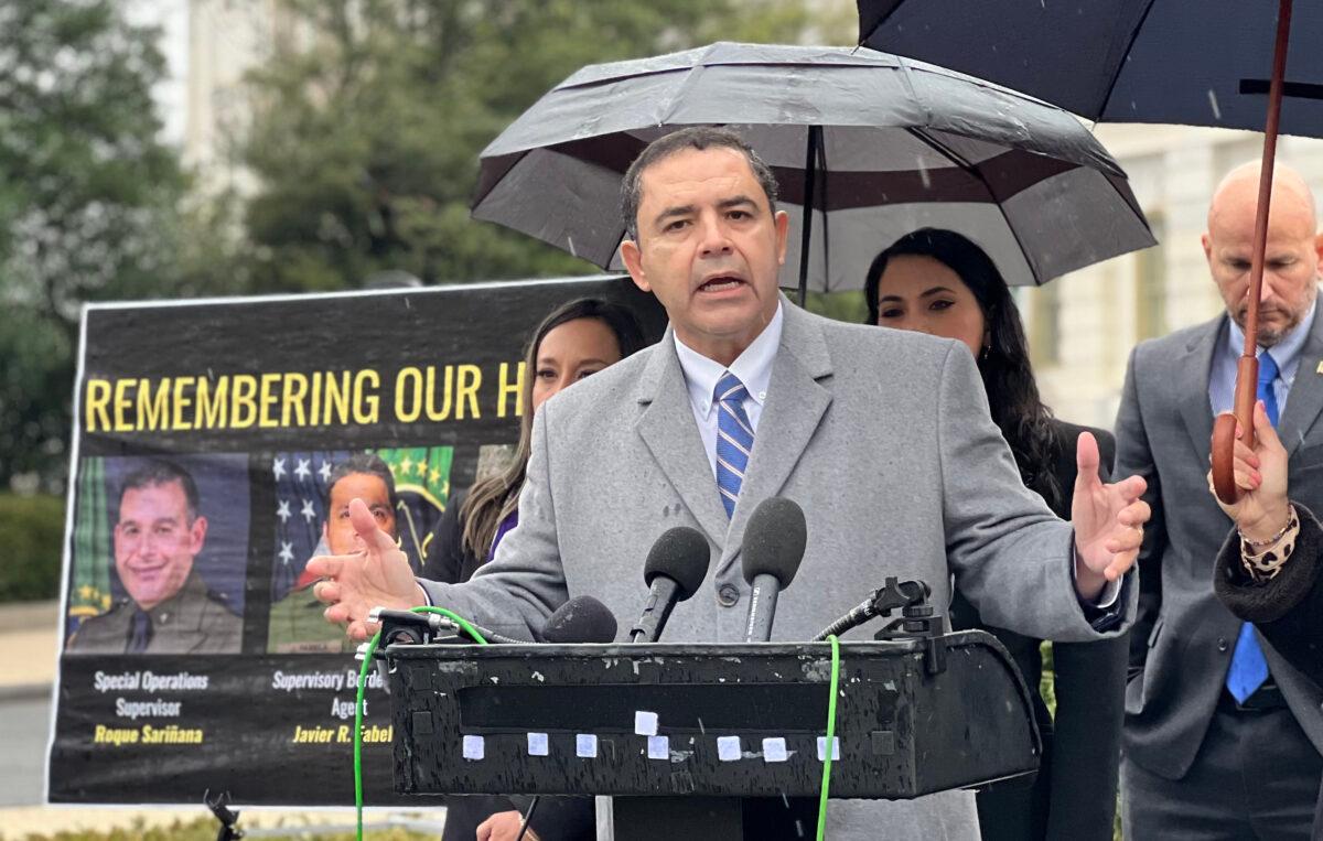 Rep. Henry Cuellar (D-Texas) speaks at the bipartisan conference about border patrol suicide rates at the House Triangle in Washington, on Dec. 7, 2022. (Madalina Vasiliu/The Epoch Times)