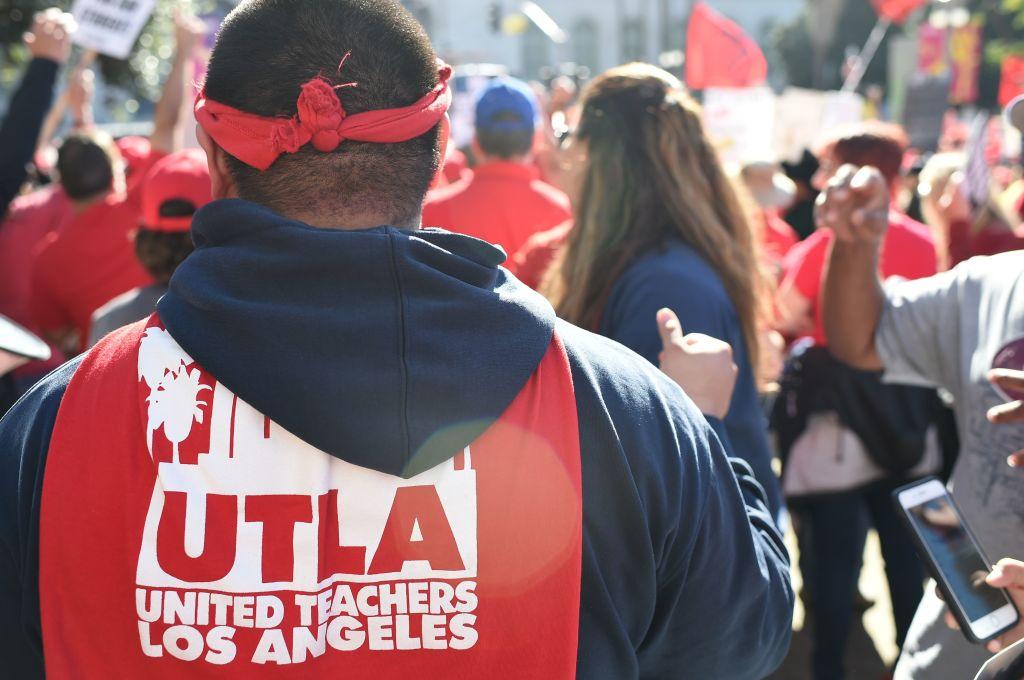 Striking teachers and supporters rally in Grand Park across from City Hall in Los Angeles on Jan. 22, 2019. (Robyn Beck/AFP via Getty Images)