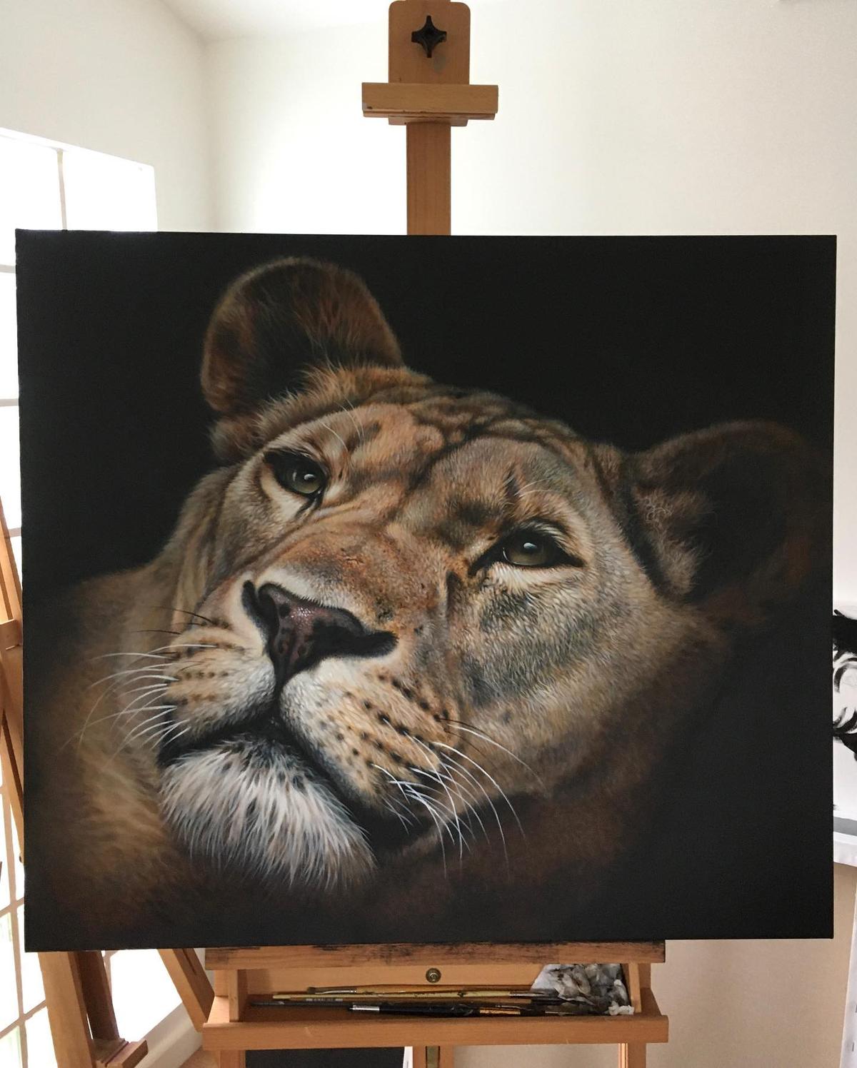 Acrylic painting of a lioness by Julie Rhodes. (Courtesy of <a href="https://www.julierhodes.com/">Julie Rhodes</a>)