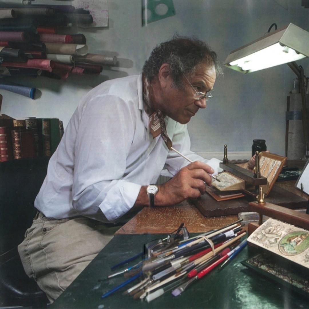 Vanishing fore-edge painter Martin Frost in his home studio. (Courtesy of <a href="https://www.foredgefrost.co.uk/">Martin Frost</a> <a href="https://www.instagram.com/foredgefrost1/">@foredgefrost1</a>)