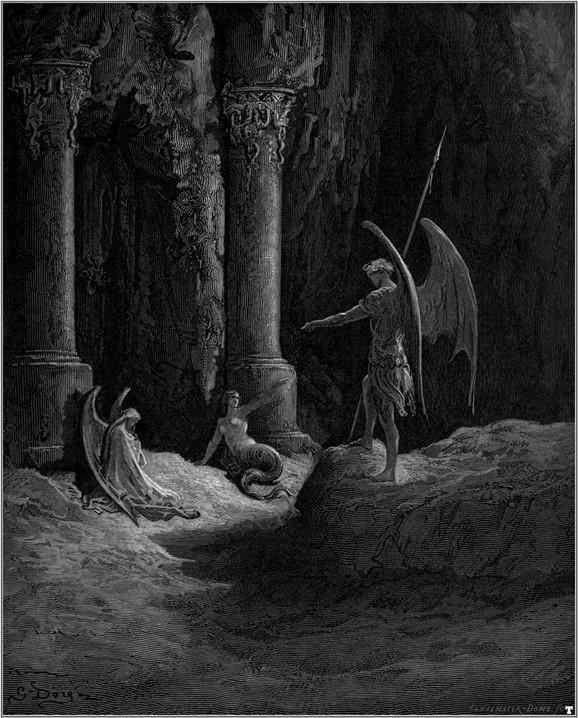 “Before the gates there sat/On either side a formidable shape" (II. 648, 649), 1866, by Gustav Doré for John Milton’s “Paradise Lost.” Engraving. (Public Domain)