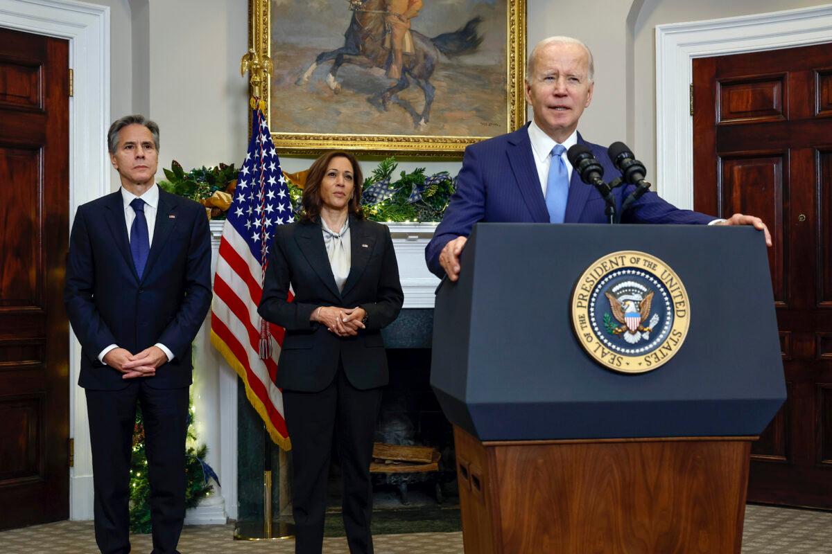 U.S. President Joe Biden (R) speaks on the release of Olympian and WNBA player Brittney Griner from Russian custody, at the White House on Dec. 8, 2022. (Chip Somodevilla/Getty Images)