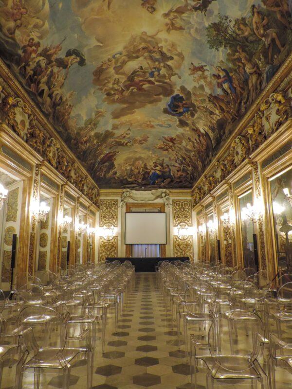 Yet another highlight of this sumptuous palace: the Luca Giordano gallery. This gallery has a magnificent hall of mirrors, an important feature of the Baroque style. The painted ceiling frescoes are another essential component of the Baroque and pay homage to the Medici. (<a href="https://www.shutterstock.com/g/Bernard_Barroso">Bernard Barroso</a>/<a href="https://www.shutterstock.com/image-photo/florence-italy-june-2017-view-beautiful-1148800454">Shutterstock</a>)