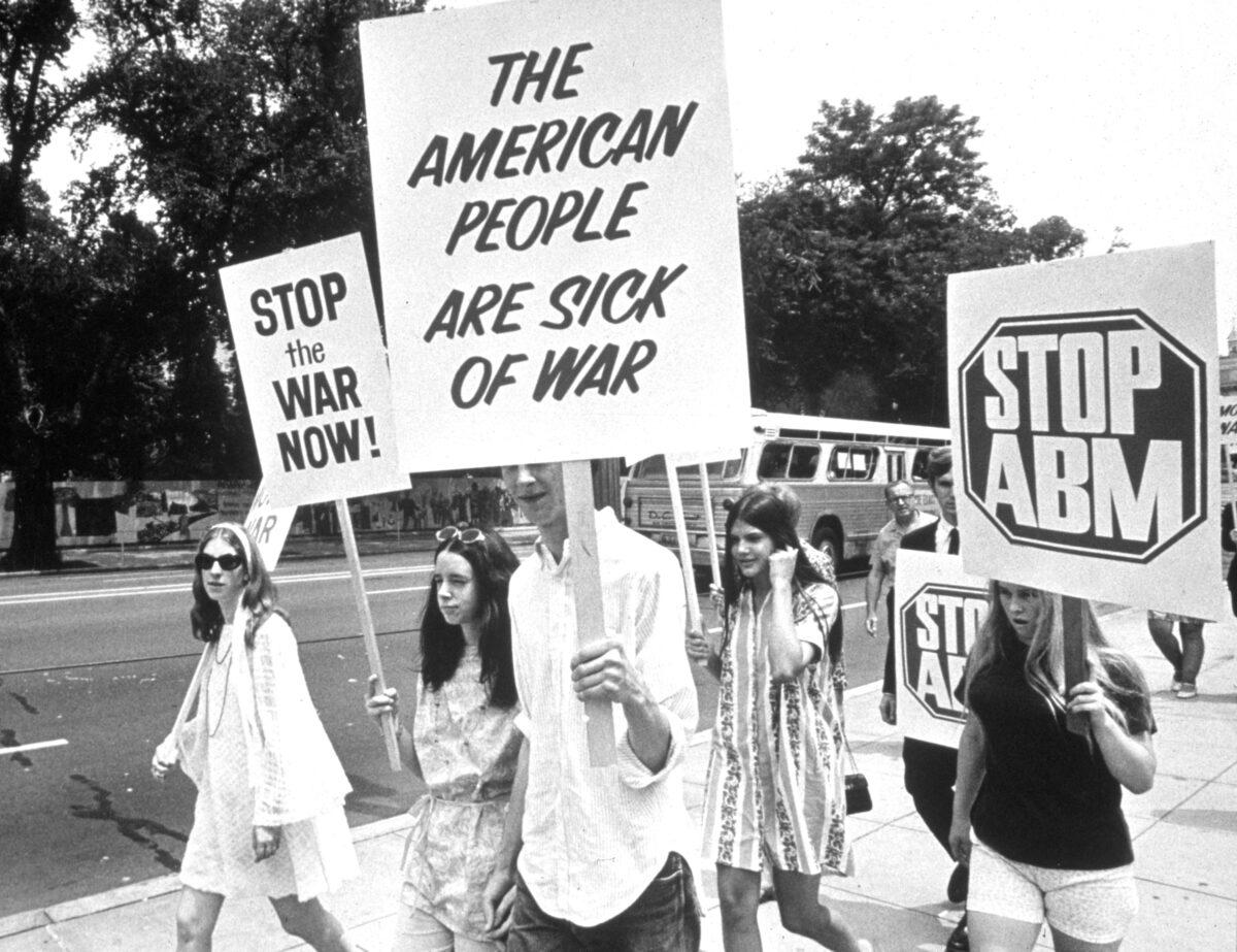 Students march with anti-war placards on the campus of the University of California at Berkeley, Calif., 1969. (Archive Photos/Getty Images)