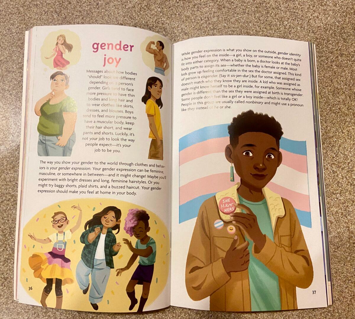  An American Girl book describes transgender and nonbinary concepts on a page with a transgender flag behind a child wearing a button displaying her preferred pronouns. (Darlene McCormick Sanchez/The Epoch Times)