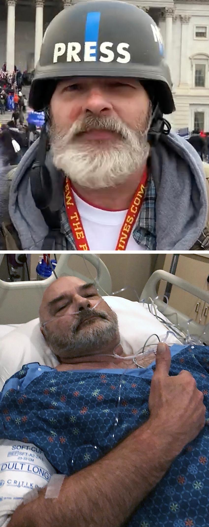 Top: Bobby Powell outside the Capitol on Jan. 6, 2021. Below: Powell in a Florida hospital after emergency heart surgery in December 2022. (Bobby Powell Photos)