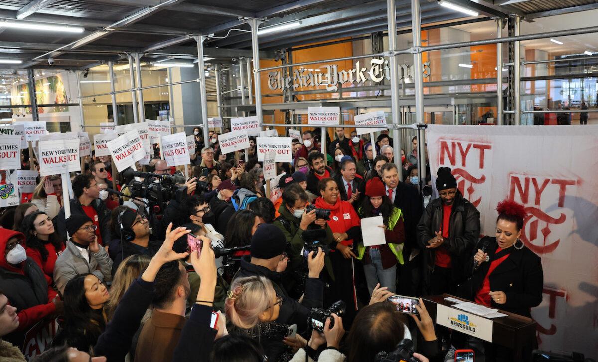 New York Times Magazine reporter and creator of 1619 Project Nikole Hannah-Jones speaks as members of The New York Times staff hold a rally outside The New York Times headquarters in New York City, on Dec. 8, 2022. (Michael M. Santiago/Getty Images)