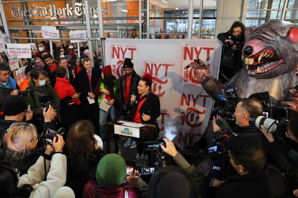 New York Times Magazine reporter and creator of 1619 Project Nikole Hannah-Jones speaks as members of the New York Times staff hold a rally outside the New York Times headquarters while on strike on Dec. 08, 2022. (Michael M. Santiago/Getty Images)