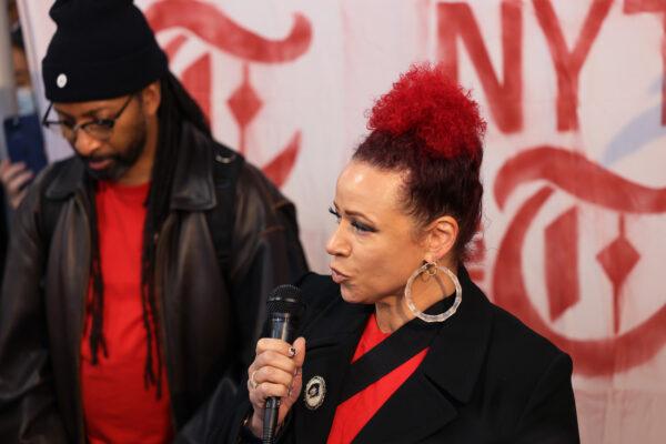 New York Times Magazine reporter and creator of The 1619 Project Nikole Hannah-Jones speaks at a rally outside the New York Times headquarters as company workers participate in a strike on Dec. 8, 2022. (Michael M. Santiago/Getty Images)