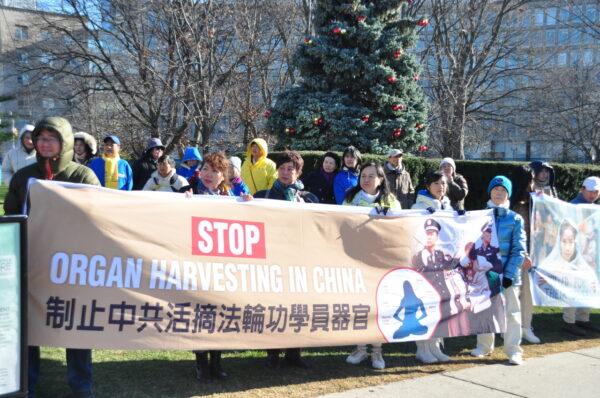 Adherents of the spiritual practice Falun Gong hold a banner reading "Stop Organ Harvesting in China" at Queen's Park, Toronto, on Dec. 8, as they voice support for a bill that would ban forced organ harvesting. (Allen Zhang/The Epoch Times)