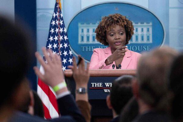 White House press secretary Karine Jean-Pierre speaks during the daily press briefing in the Brady Press Briefing Room of the White House in Washington, on Dec. 9, 2022. (Jim Watson / AFP via Getty Images)