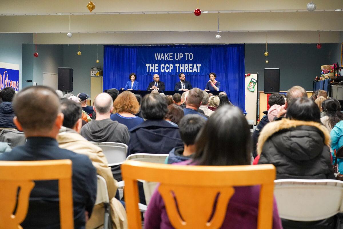 (From right to left) Kay Rubacek, Chris Chappell, Sean Lin, and moderator Jenny Chang at the Wake Up to CCP Threat seminar in Middletown, N.Y., on Dec. 8, 2022. (Cara Ding/The Epoch Times)