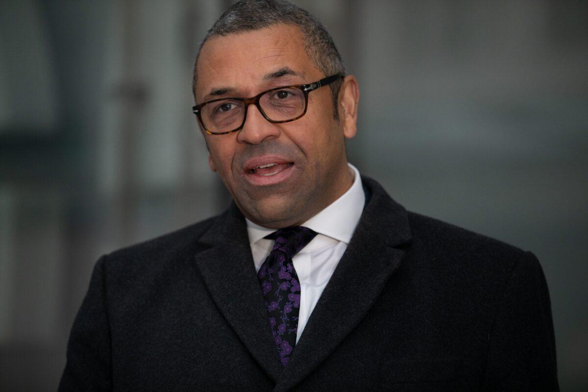 UK Foreign Secretary James Cleverly gives an interview outside BBC Broadcasting House in London, before appearing on the BBC One current affairs programme Sunday with Laura Kuenssberg, on Dec. 11, 2022. (Lucy North/PA Media)