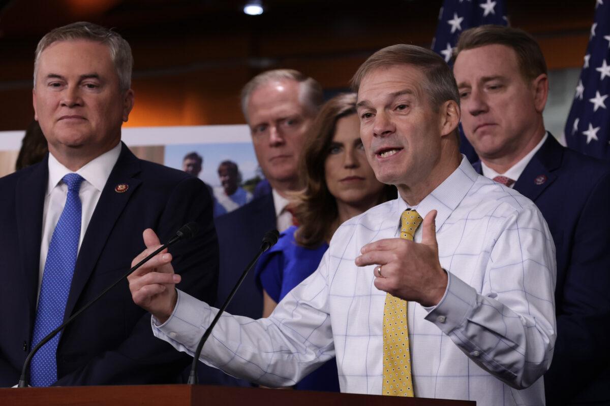 Rep. Jim Jordan (R-Ohio), flanked by House Republicans, speaks during a news conference at the U.S. Capitol in Washington, on Nov. 17, 2022. (Alex Wong/Getty Images)