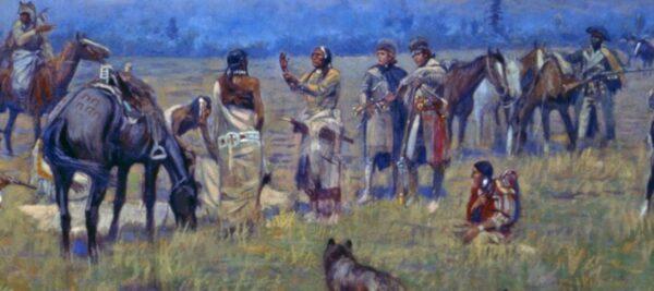Detail showing Salish lodge leader (L) with Lemhi Shoshone translator Toby as Lewis and Clark stand by. Sacagawea sits in the grass and Clark's slave York stands with the horses. "Lewis and Clark Meeting the Flathead Indians at Ross Hole," 1912, by Charles M. Russell. Oil on canvas; 14.2 feet by 29.5 feet. (Reproduced by permission of the Montana Historical Society)