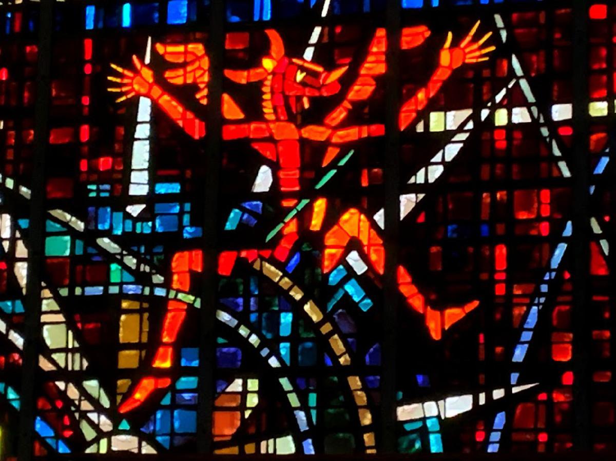 Stained-glass windows designed by Gabriel Loire tell stories from the Bible at Notre Dame de Lourdes Catholic Church in Casablanca, Morocco. (Photo courtesy of Phil Allen)