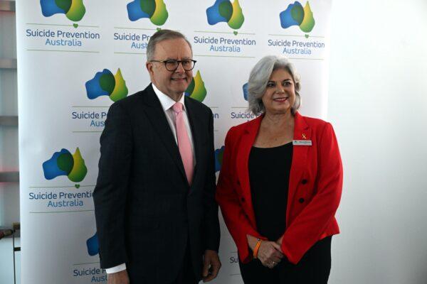 Suicide Prevention Australia CEO Nieves Murray and Prime Minister Anthony Albanese at Parliament House in Canberra, Australia, on Sept. 6, 2022. (AAP Image/Mick Tsikas)