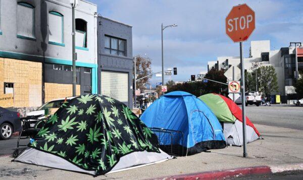 Tents for the homeless line a street corner in Los Angeles, on Dec. 6, 2022. (Frederic J. Brown/AFP via Getty Images)