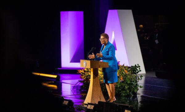 Mayor Karen Bass speaks at her inauguration ceremony at the Microsoft Theatre in Los Angeles on Dec. 11, 2022. (John Fredricks/The Epoch Times)