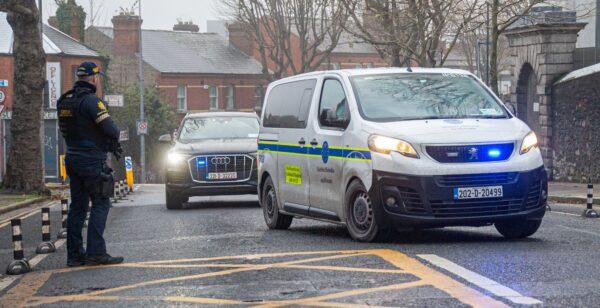 A prison van arrives at the Special Criminal Court, where Jonathan Dowdall is giving evidence against Gerry Hutch, in Dublin, Republic of Ireland, on Dec. 12, 2022. (PA)