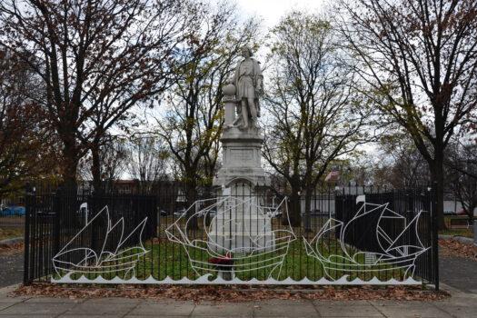 The statue of Christopher Columbus in Marconi Plaza, after the plywood box over the statue was removed the night before, in South Philadelphia on Dec. 12, 2022. (Frank Liang/The Epoch Times)