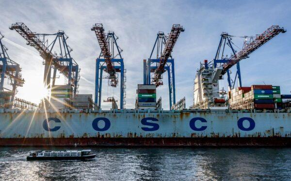 The container ship 'COSCO Pride' of China COSCO Shipping Corporation is unloaded at the Tollerort Container Terminal owned by HHLA in the harbor of Hamburg, northern Germany, on Oct. 26, 2022. (Axel Heimken/AFP via Getty Images)