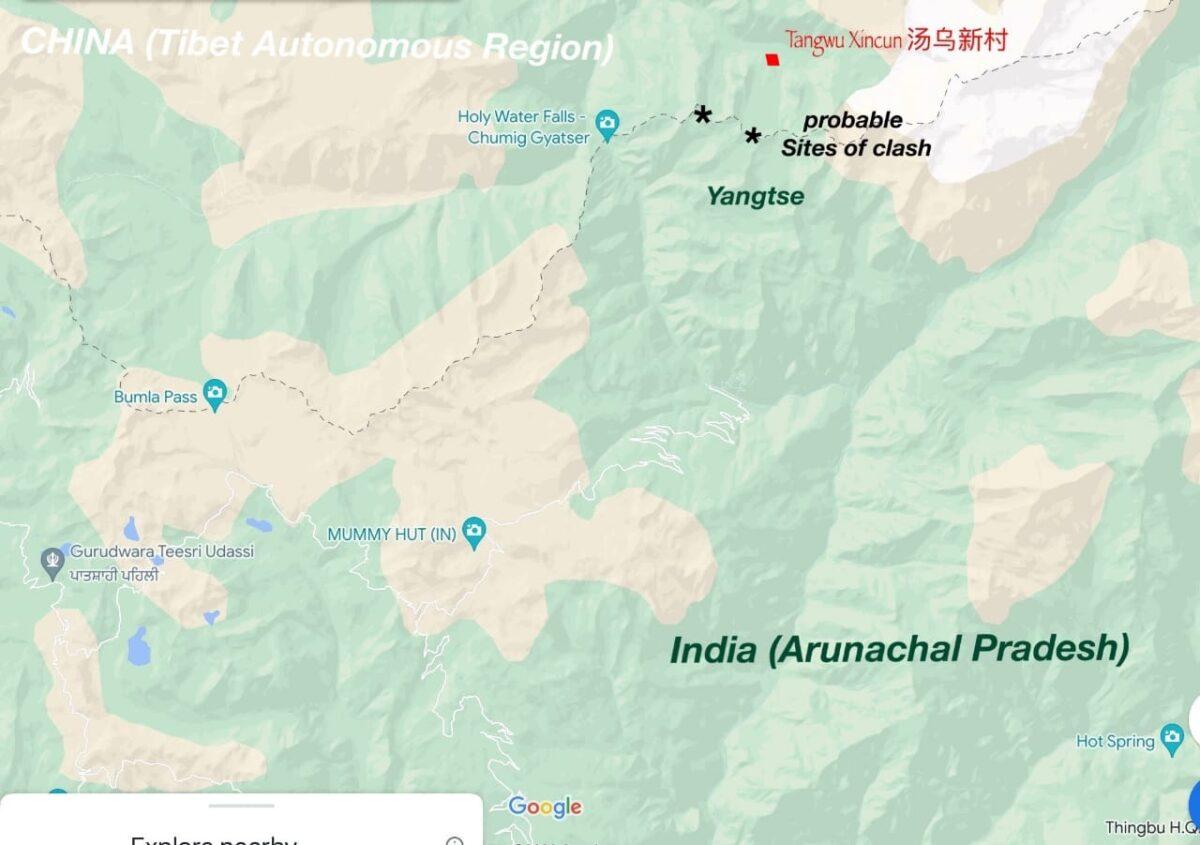 A map showing the probable location of the Dec. 9, 2022, clash between Indian and Chinese soldiers in Tawang sector of Arunachal Pradesh. (Screenshot of Google Maps/Courtesy of Frank Lehberger)