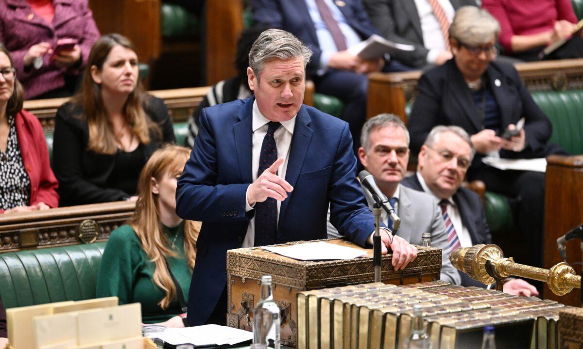 Handout photo issued by UK Parliament of Labour leader Sir Keir Starmer responding to Prime Minister Rishi Sunak's statement to MPs in the House of Commons, London, on Dec. 13, 2022. (Jessica Taylor/UK Parliament via PA)