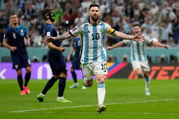 Argentina's Lionel Messi celebrates after scoring his side's first goal during the World Cup semifinal soccer match between Argentina and Croatia at the Lusail Stadium in Lusail, Qatar, on Dec. 13, 2022. (Martin Meissner/AP Photo)