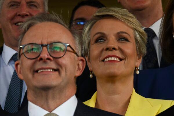 Australian Prime Minister Anthony Albanese (L) and Australian Environment Minister Tanya Plibersek are seen after a swearing-in ceremony at Government House in Canberra on June 1, 2022. (AAP Image/Lukas Coch)