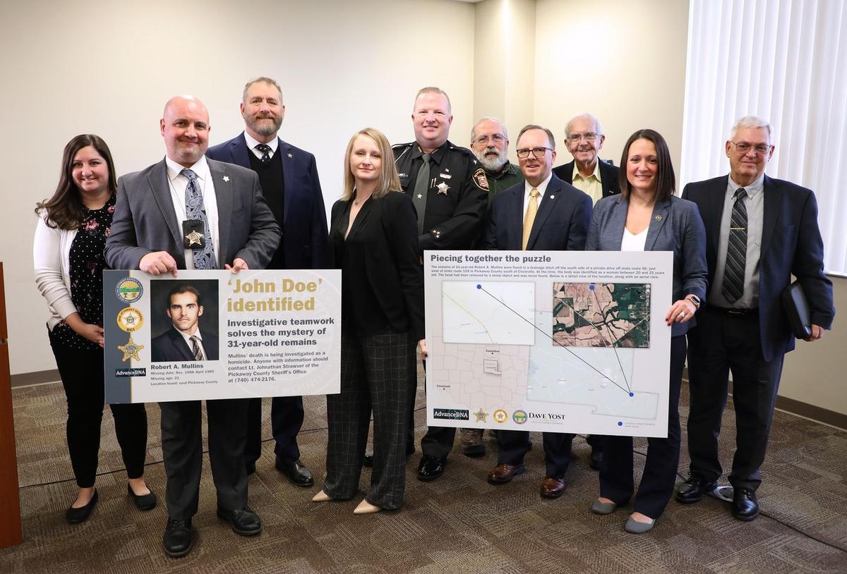 State and local officials gather in Circleville, Ohio, to announce that DNA testing revealed the identity of Robert A. Mullins, whose remains were found in 1991 in Pickaway County, Ohio. The officials held a news conference on Dec. 13, 2022. (Courtesy of Ohio Attorney General David Yost)