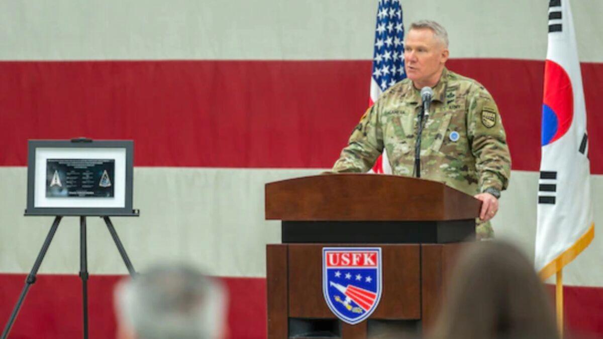 U.S. Army Gen. Paul LaCamera speaks during the U.S. Space Forces Korea (USSFK) activation ceremony at Osan Air Base, Republic of Korea, on Dec. 14, 2022. (Courtesy of Staff Sgt. Skyler Combs via U.S. Space Forces Korea)