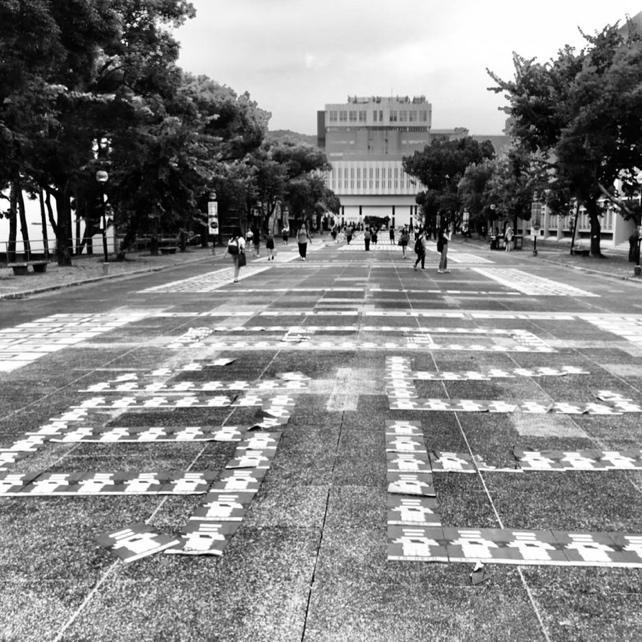 Protest stickers all over the ground at the University Mall at the Chinese University of Hong Kong in Hong Kong on Nov. 2019. (Courtesy of Cheung Chan-fai)
