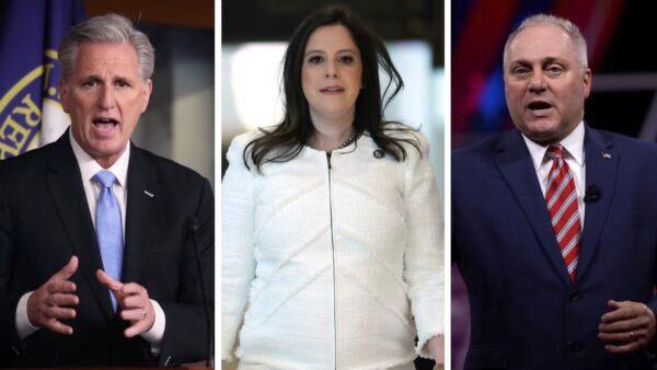 (L–R) This combination photo shows House Minority Leader Kevin McCarthy (R-Calif.), Rep. Elise Stefanik (R-N.Y.), and House Minority Whip Rep. Steve Scalise (R-La.). (Mark Wilson, Chip Somodevilla, Alex Wong/Getty Images)