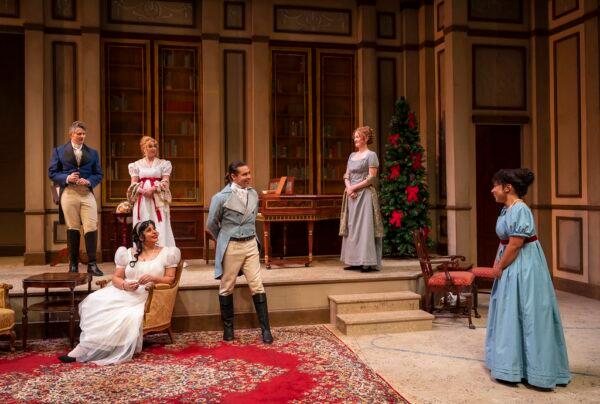 Thomas O’Brien (Nate Santana, center left) has his full attention on Kitty (Samantha Newcomb, R) in "Georgiana and Kitty: Christmas at Pemberly." (Michael Brosilow)