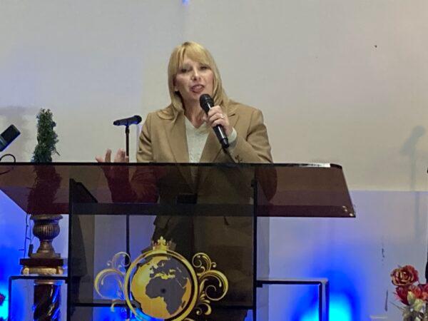 Dede Laugesen, executive director of Save the Persecuted Christians, speaking at Faith Clinic Church in Hyattsville, Md., on Dec. 11, 2022. (Courtesy of Douglas Burton)