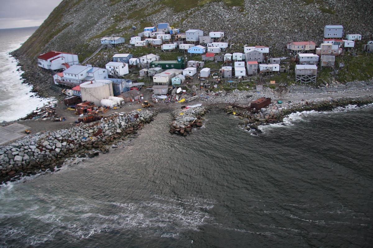 The town of Little Diomede. (<a href="https://commons.wikimedia.org/wiki/File:Little_Diomede_Island_village.jpeg">Public Domain</a>)