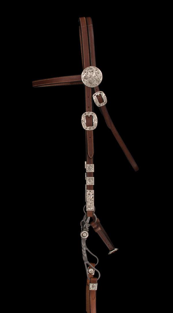 A bridle set by silversmith Scott Hardy. Sculpted, filigreed, and engraved heavy-gauge sterling silver. Leather work by Cary Schwarz. Steel bit with a French gray finish by Wilson Capron. (National Cowboy & Western Heritage Museum)