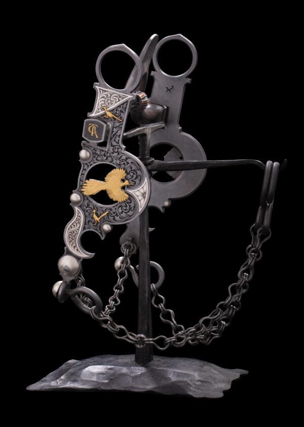 Santa Barbara bit, by bit and spur maker Wilson Capron. Steel with silver and 24-karat gold inlays. (National Cowboy & Western Heritage Museum)
