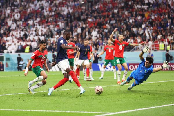 Randal Kolo Muani of France scores the team's second goal during the FIFA World Cup Qatar 2022 semi final match between France and Morocco at Al Bayt Stadium in Al Khor, Qatar, on December 14, 2022. (Julian Finney/Getty Images)