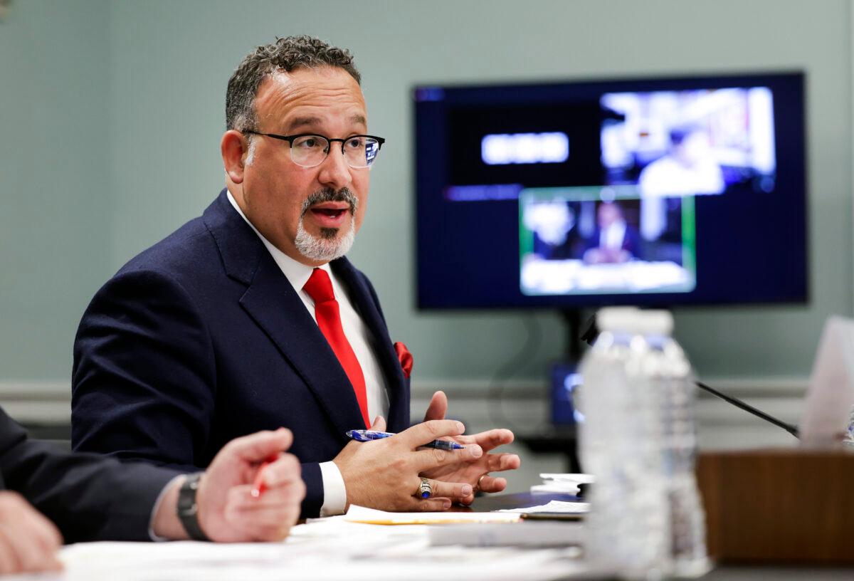 Education Secretary Miguel Cardona testifies before a House panel in Washington on April 28, 2022. (Kevin Dietsch/Getty Images)