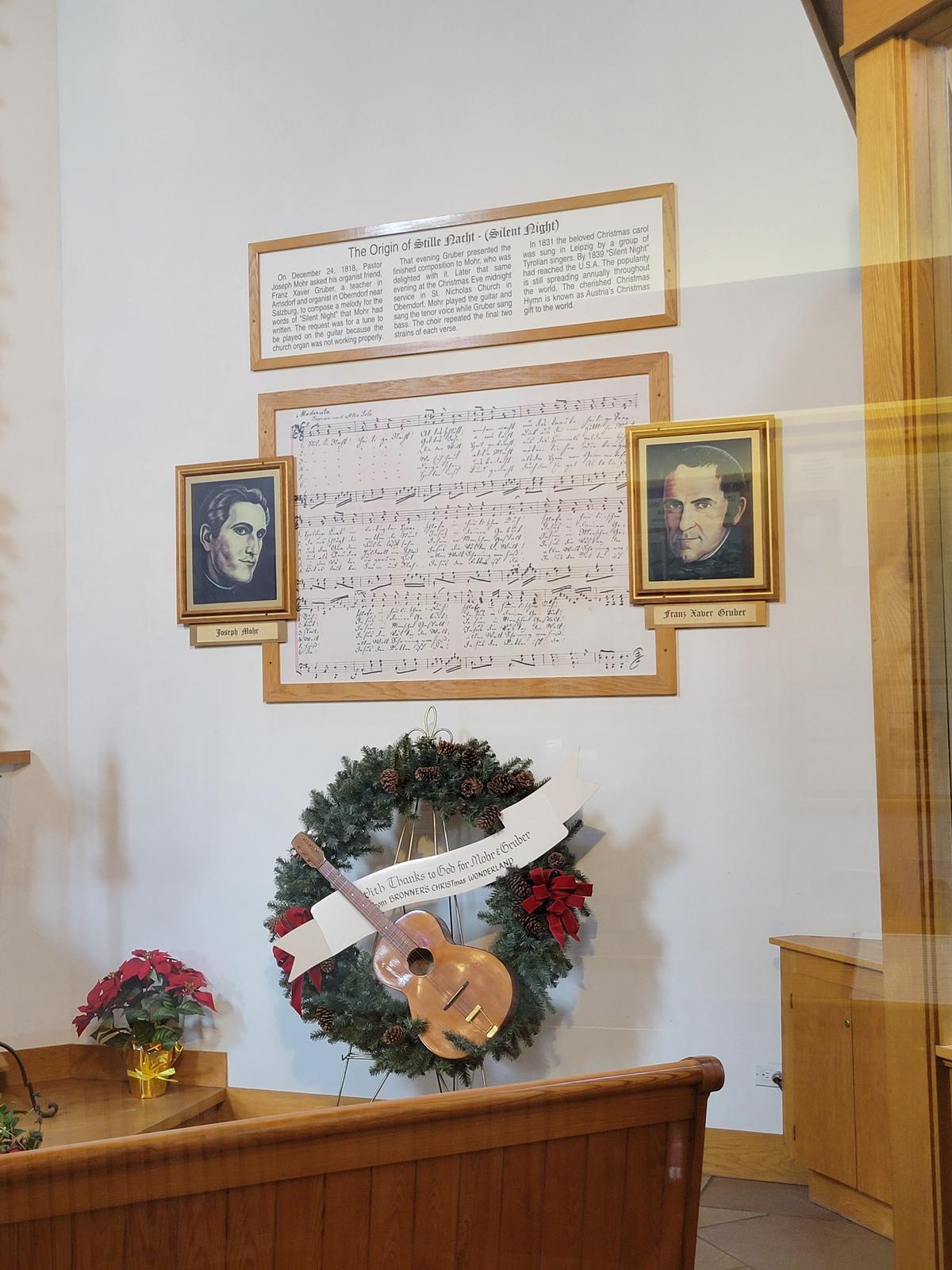 The chapel features a reproduction of the original musical score of "Silent Night." (Bronner's CHRISTmas Wonderland)