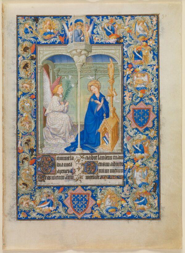 "The Annunciation" in "The Beautiful Hours of Jean of France, Duke of Berry," 1405–1408 or 1409, by the Limbourg brothers (Herman, Pol, and Jean de Limbourg). Tempera, gold, and ink on vellum; 9 3/8 inches by 6 11/16 inches. The Cloisters Collection, 1954, at The Metropolitan Museum of Art, New York. (Public Domain)