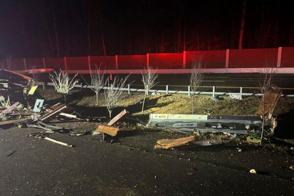 Debris at the scene of a crash on Interstate 64 in York County, Va., on Dec. 16, 2022. (Virginia State Police via AP)