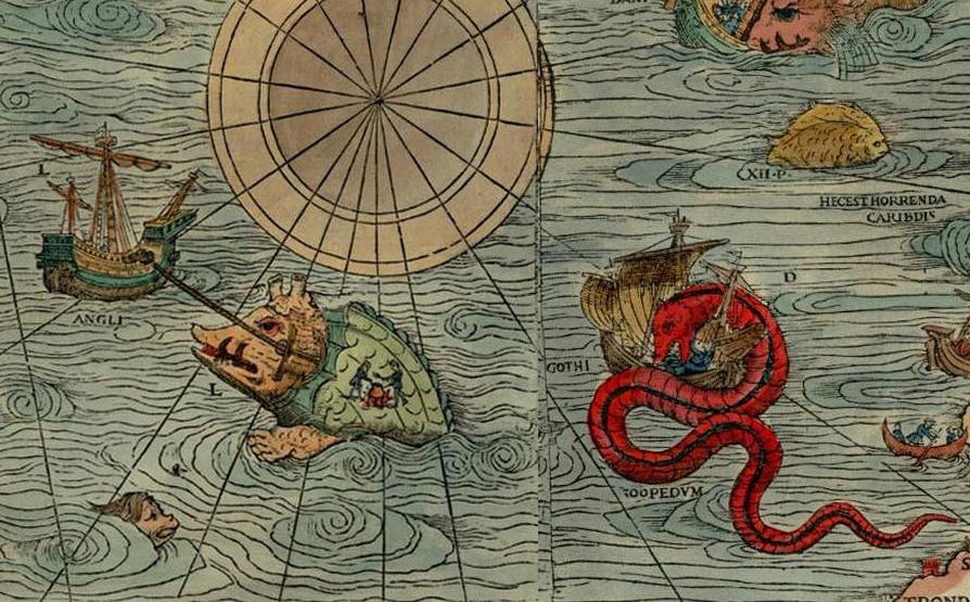 Among several unidentified sea creatures is a red serpentine creature attacking a ship. (Public Domain)