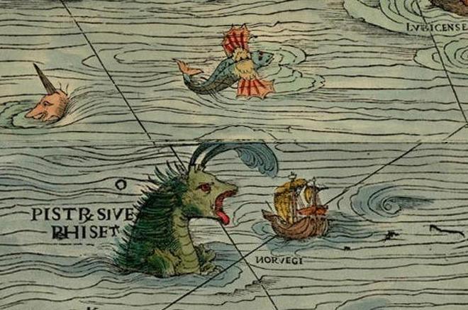 An assortment of fantastical sea creatures from Olaus Magnus’s 1539 map "Carta Marina" exhibit creative license and imagination in their interpretations of reality. (Public Domain)