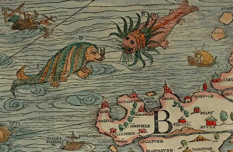 The "bearded" red beast (top right) in Olaus Magnus’s 1539 map "Carta Marina" has been posited to be a depiction of the Kraken. (Public Domain)
