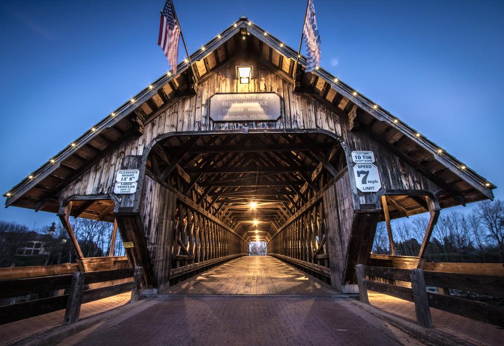 Frankenmuth Michigan Covered Bridge shares its hometown with Bronner's CHRISTmas Wonderland.(ehrlif/Shutterstock)